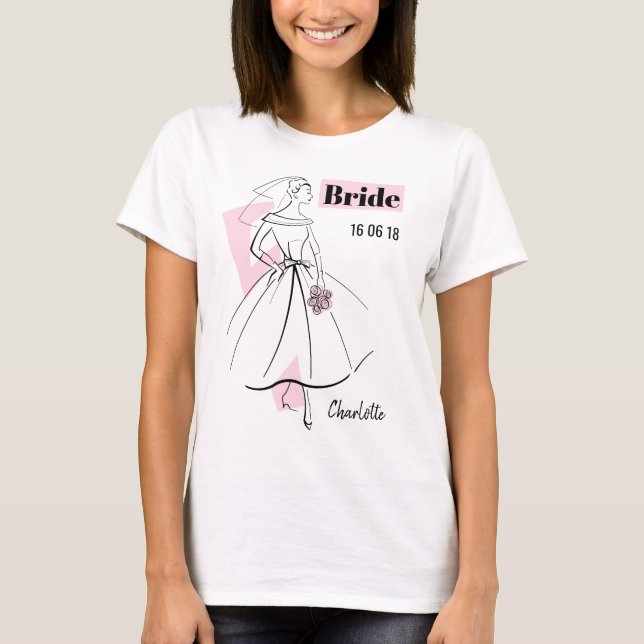 T-shirt Fashion Bride Groupe Rose Nom de la mariée Date T- (Devant)