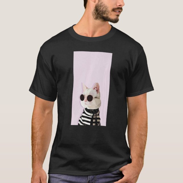 T-shirt Fashionista Cat  Cute Cool Kitty Kitten Pink Black (Devant)