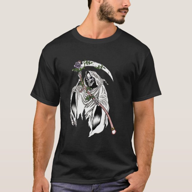 T-shirt Faucheur gothique avec rose violette (Devant)