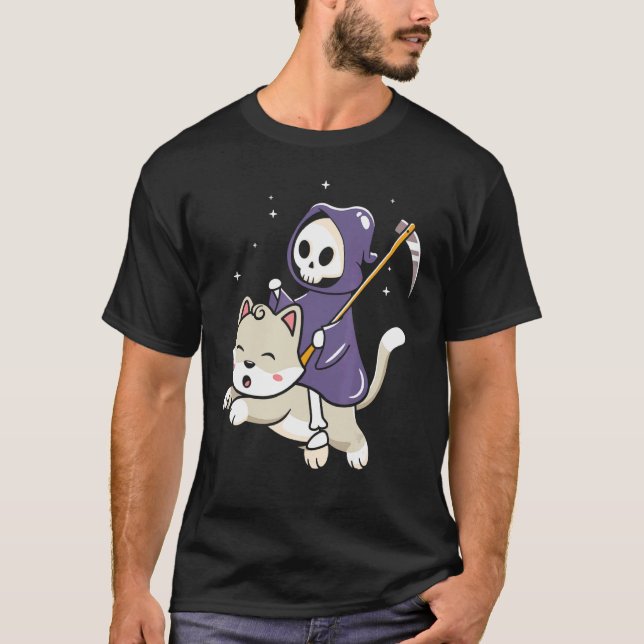 T-shirt Faucheuse chevauchant un chat Halloween (Devant)