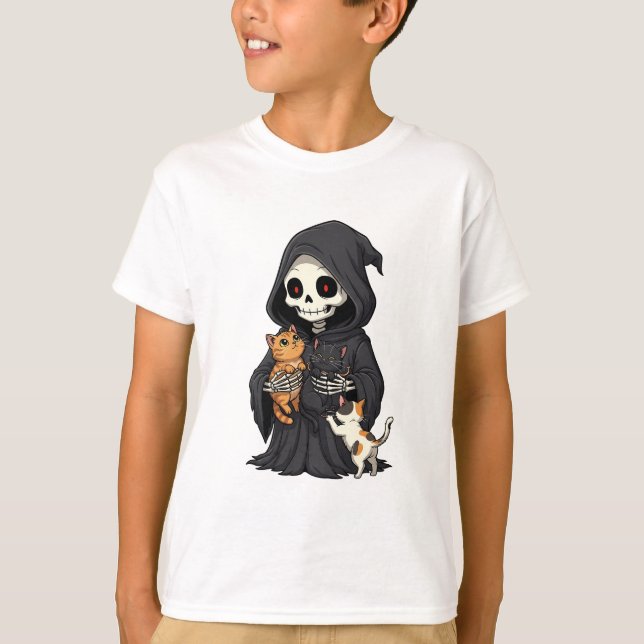 T-shirt Faucheuse squelettique câlinant des chatons pour e (Devant)