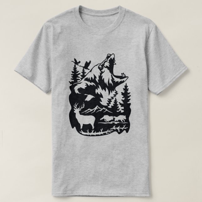 T-shirt Faune Silhouette Avec Ours, Cerf (Design devant)
