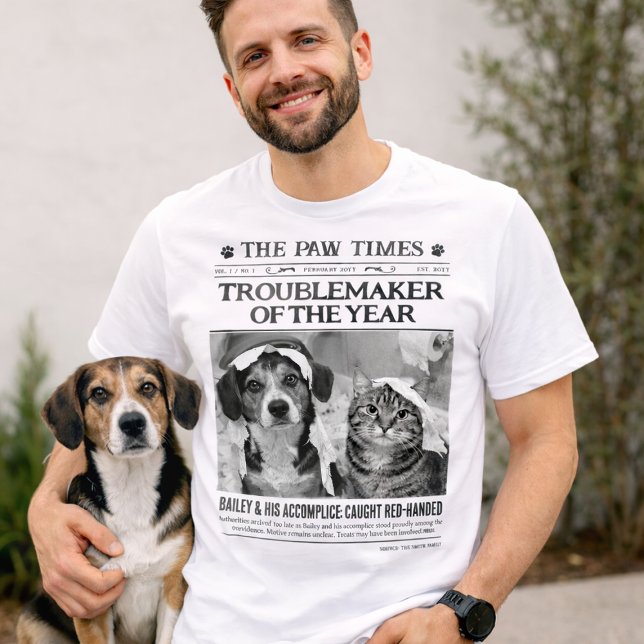 T-shirt Fauteur de troubles de l'année sur mesure pour ani (Custom Pet Troublemaker of the Year Dog Newspaper T-Shirt)