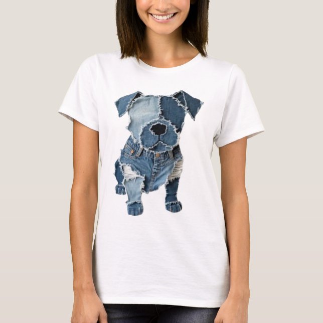 T-shirt Faux Denim Patchwork Chien (Devant)