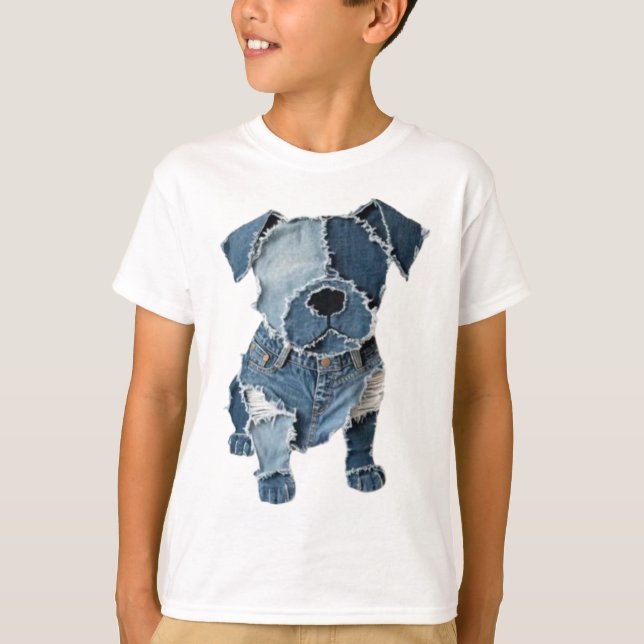 T-shirt Faux Denim Patchwork Chien (Devant)