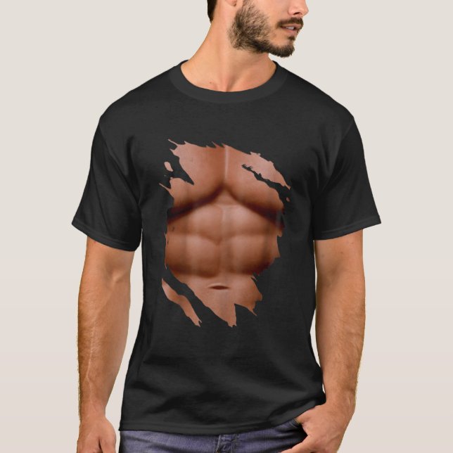 T-shirt Faux Muscle Sous La Poitrine Six Pack Abs Écrits (Devant)