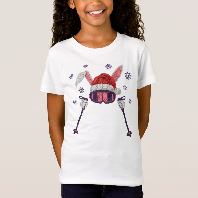 T-Shirt Faux yarn skiing rabbit with Santa hat winter humo (Devant)