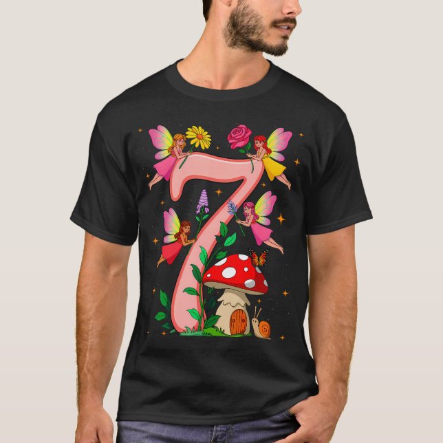 T-shirt Fée 7e anniversaire fille papillon champignon 7 an (Devant)