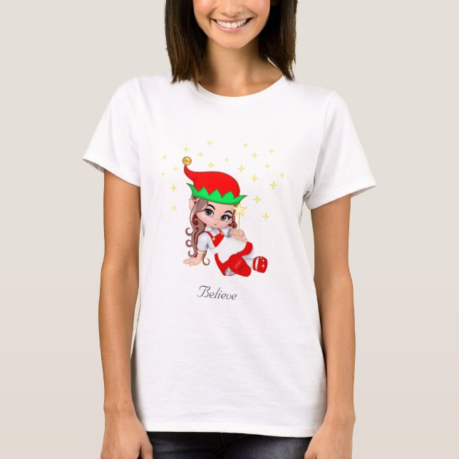 T-shirt Fée de Noël habillée en rouge et étoiles (Devant)