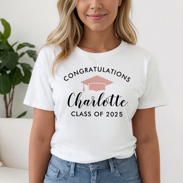 T-shirt Félicitations Rose Gold Script Nom Graduation (Créateur téléchargé)