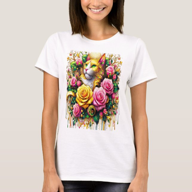 T-shirt Feline au milieu d'une floraison vibrante (Devant)