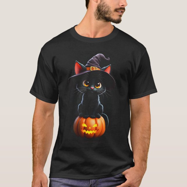 T-shirt Feline Éffrayant Witchy Chat sur Citrouille (Devant)