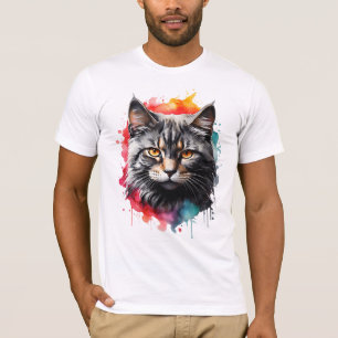 T-shirt Feline Kitty Grey Tiger Striped Cat Aquarelle Art