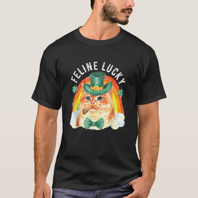 T-shirt Feline Lucky Funny Leprechaun Chat Rainbow St Part (Devant)