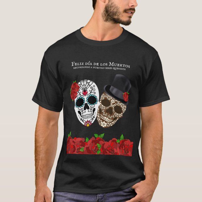 T-shirt Feliz Dia De los Muertos Sugar Crâne Rouge Roses (Devant)