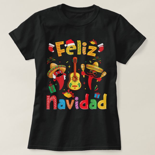T-shirt Feliz Navidad Mexican Fiesta Hot Pepper Guitare Xm (Design devant)
