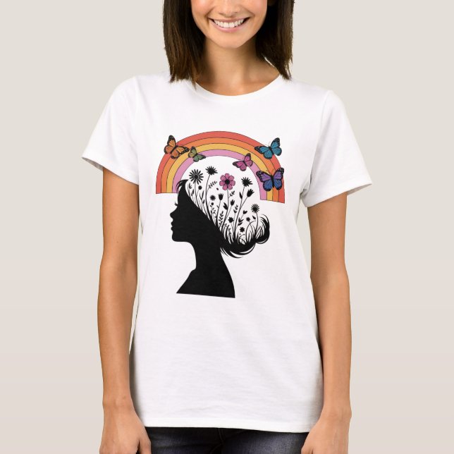 T-shirt Female Silhouette Floral Rainbow Illustration (Devant)
