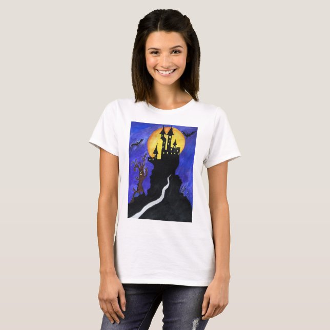 T-shirt féminin Halloween Castle Bats, blanc (Devant entier)