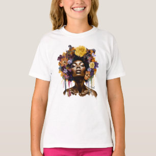 T-shirt Femme afro-américaine aux cheveux noirs floraux (3
