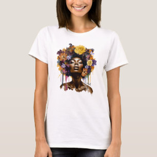 T-shirt Femme afro-américaine aux cheveux noirs floraux (3