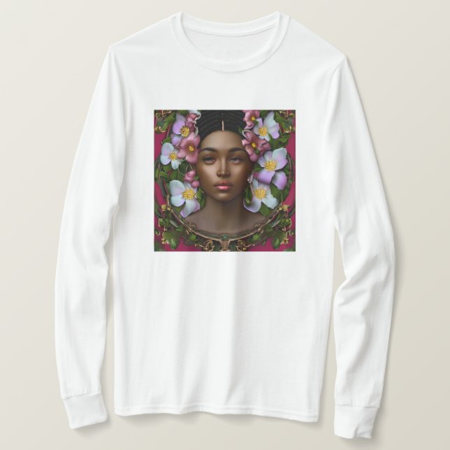 T-shirt Femme afro-américaine sereine avec fleurs (Design devant)