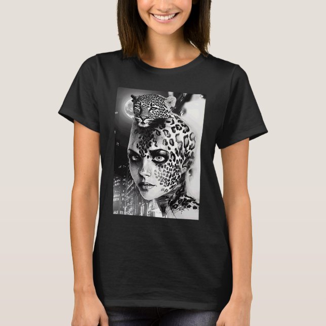 T-shirt Femme avec un léopard empreinte de léopard noir et (Devant)