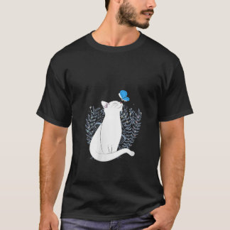 T-shirt Femme Blanche Chat et Papillon Bleu Animal Fantais