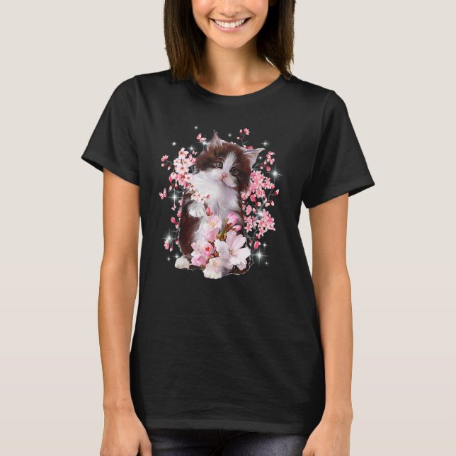 T-shirt Femme Chat Fleur Rose Pour Chat (Devant)