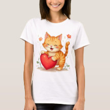 T-shirt Femme Chat Jaune Tenant un Cœur Rouge
