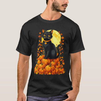 T-shirt Femme Chat Noir Citrouille Halloween Automne