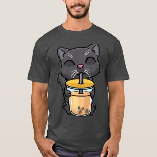 T-shirt Femme Chat Noir Kawaii Boire Bubble Thé Lait B