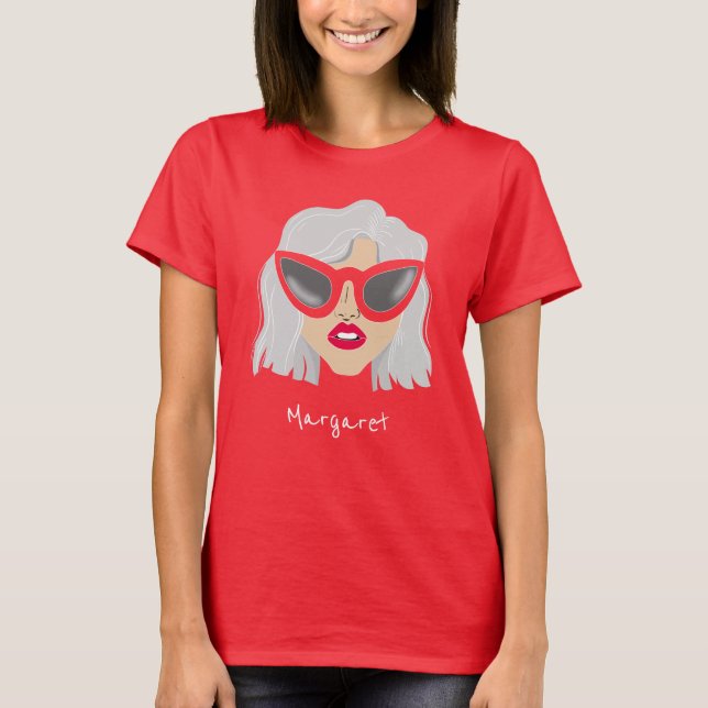 T-shirt Femme cool à Haired Gris avec lunettes Nom personn (Devant)
