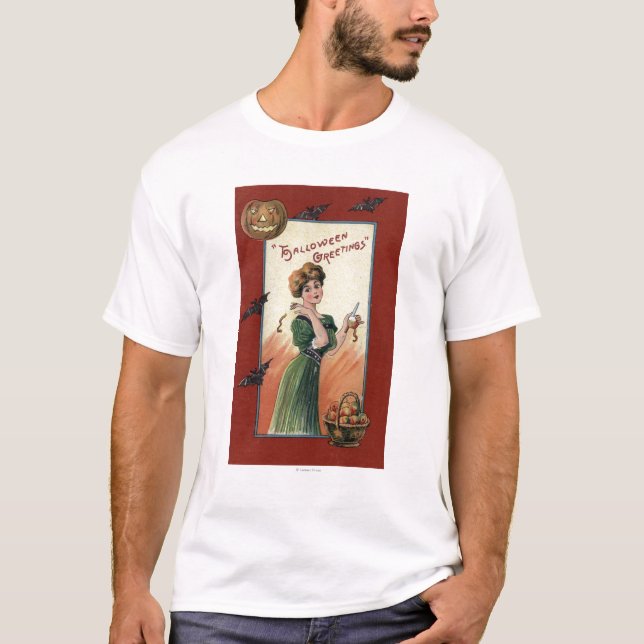 T-shirt Femme dans la robe verte épluchant Apple (Devant)