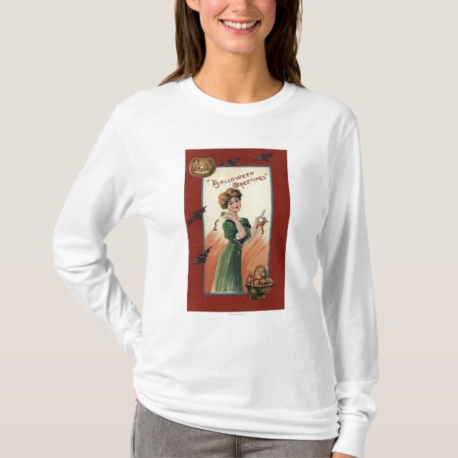 T-shirt Femme dans la robe verte épluchant Apple (Devant)