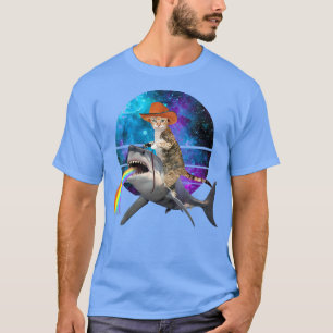 T-shirt Femme Drôle Chat Riding Requin Puking Rainbow Gala