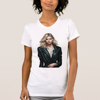 T-shirt Femme élégante en manteau de cuir noir - Fashion D