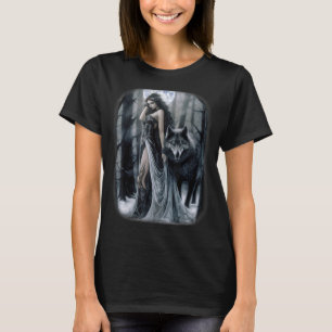 T-shirt Femme et loup gris en forêt Lune Imaginaire Art Pa