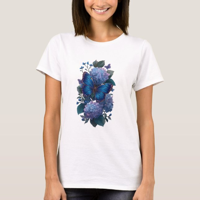 T-Shirt Femme Fleur Hydrangea Papillon Bleu (Devant)