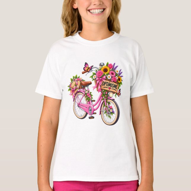 T-Shirt Femme Fleuri « Optimisme » – Vélo Rose et  (Devant)