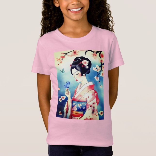 T-Shirt Femme japonaise avec un papillon bleu (Devant)