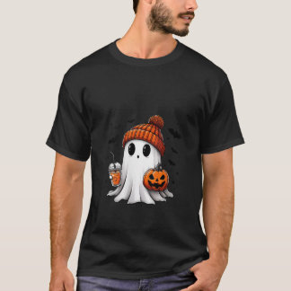 T-shirt Femme Mignon Fantôme Buvant Café Glacé Citrouille