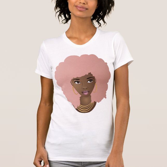 T-shirt Femme noire, Afro rose, Beauté des cheveux naturel (Devant)