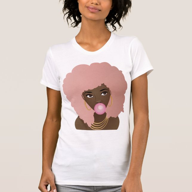 T-shirt Femme noire, Afro rose, Bubblegum rose (Devant)