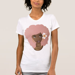 T-shirt Femme noire, Afro rose, Fleur dans ses cheveux nat