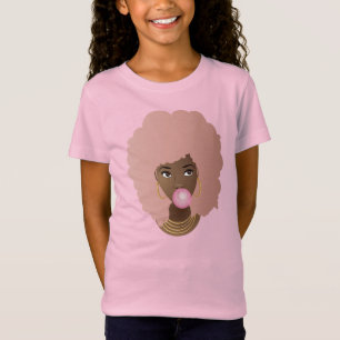 T-Shirt Femme noire, Afro rose, Gomme à bulles roses