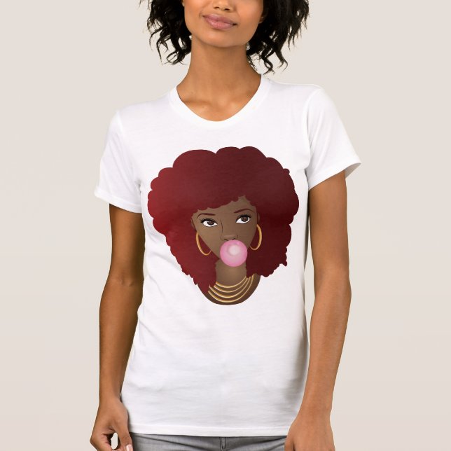 T-shirt Femme noire, Afro rouge, Bubblegum rose (Devant)