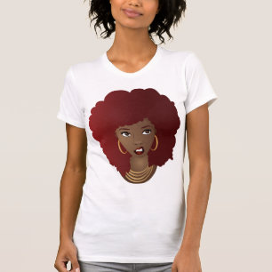 T-shirt Femme noire, Afro rouge, Expression agacée