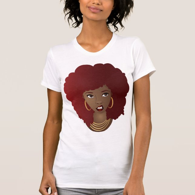 T-shirt Femme noire, Afro rouge, Expression agacée (Devant)