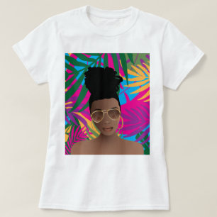 T-shirt Femme noire avec lunettes de soleil, Feuilles colo