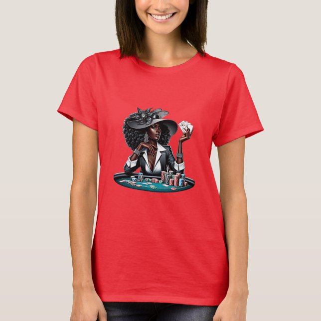 T-shirt Femme noire Jeux Casino Cartes Poker Chips Art (Devant)